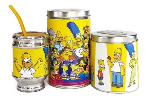 Imagen 2 de 7 de Equipo De Mate Madera Completo Los Simpsons Regalo Cuero