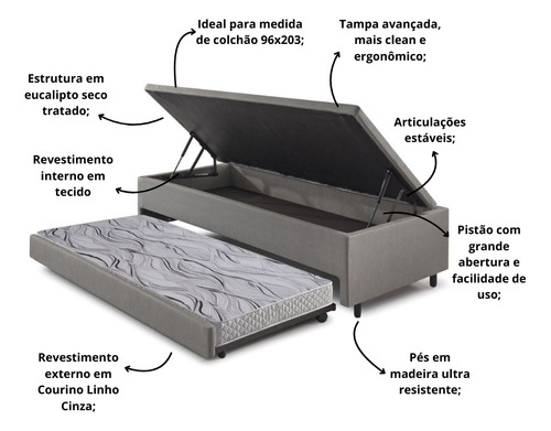 B&G Bicama Box Baú Solteirão Courino Linho Cinza 96x203 com Colchão Auxiliar Ecoflex