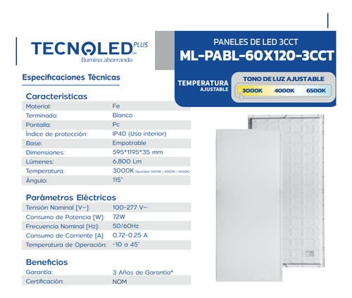5 Panel Led 60x120 Cm Luz Blanca Tecnoled Mlpabl60x120 3cct Blanco