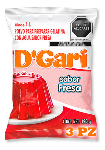 3 Gelatinas En Polvo D-gari Agua Sabor Fresa 120g