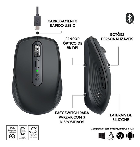 Mouse Sem Fio Logitech Mx Anywhere 3s Grafite - 910-006932