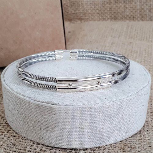 Bracelete Masculino Aço Inox Com Prata 950 Lisa Dupla