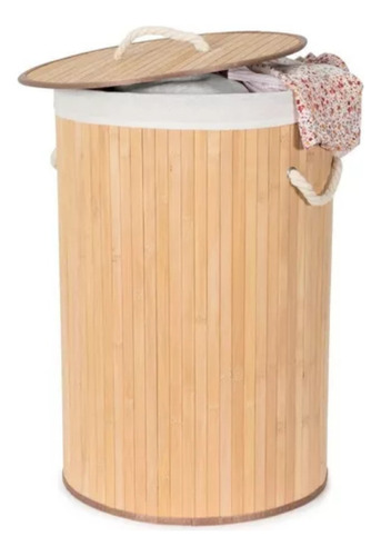 Canasto Redondo Laundry Plegable Cesto Ropa Bambu Tapa 40x60 Color Madera Clara - Bambu