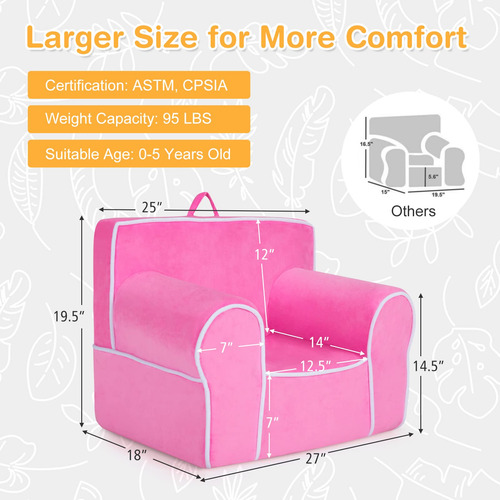 Costzon Sofá Para Niños Sofá Suave Con Superficie De Rosado