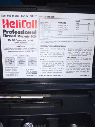 Kit De Helicoil 7/16 - 14 Reparación De Rosca