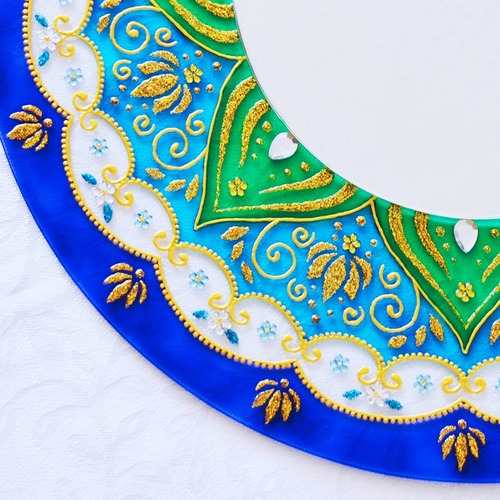 Vitral Mandala Azul E Verde 40cm Com Espelho Central De 20cm