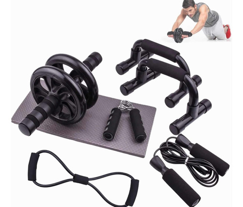 Kit Ejercicio En Casa 7 Pzs Fitness Rodillo Cuerda Abdomen Color Negro