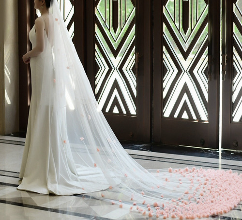 Velo De Novia Mantilla Catedral Boda Con Flores 3d Rosadas Blanco