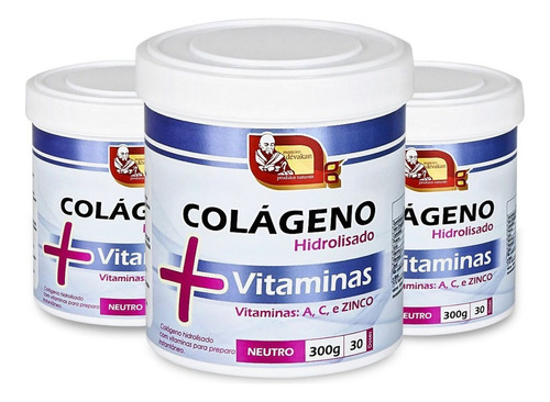 Kit Com 3 Colageno Hidrolizado Com Vitaminas 300g Sabor Neutro