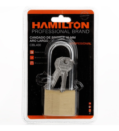 Imagen 2 de 3 de Candado Doble Traba Bronce Largo 400mm 3llav Hamilton Cbl400