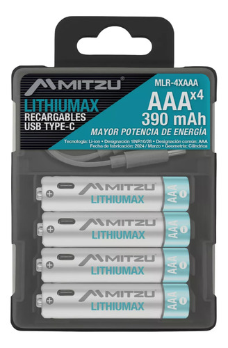 Pack 4 Baterías Recargables Aaa De Litio 390mah Cargador Usb