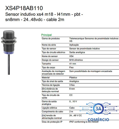 Sensor Indutivo Schneider Xs4p18ab110 12/48vdc 8mm Analógico