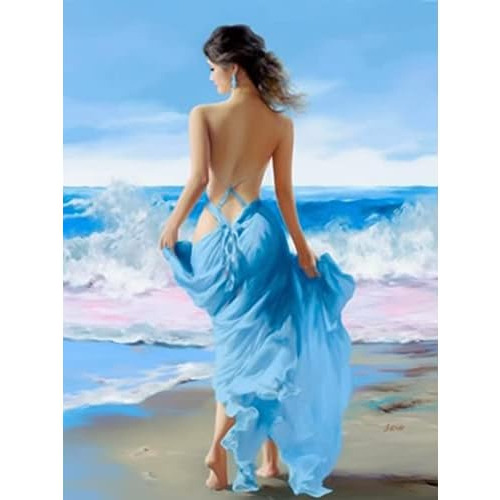 Pintura Por Números Adultos - Mujer Vestido Azul Junto...