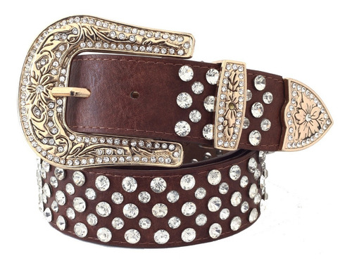 Imagem 1 de 4 de Cinto Feminino Country Marrom Com Strass E Fivela Dourada