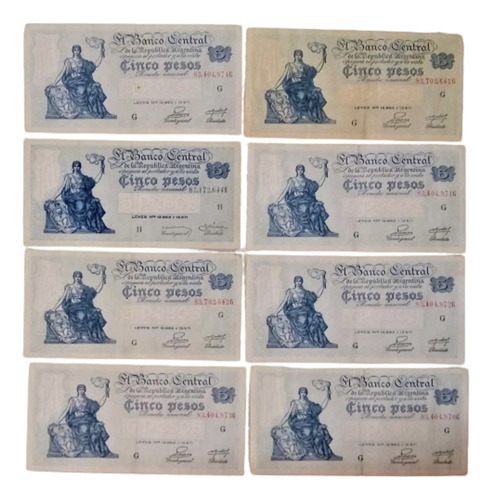 Lote De Ocho Billetes 5 Pesos_año 1947_sin Uso_envío Gratis.