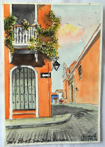 Pintura Calle Stuart ,san Diego, Cartagena  1997 Acuarela