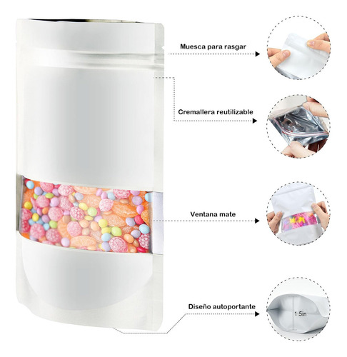 Bolsa Stand Up Con Ventana - 16x24cm (250g), 100pz Blanca