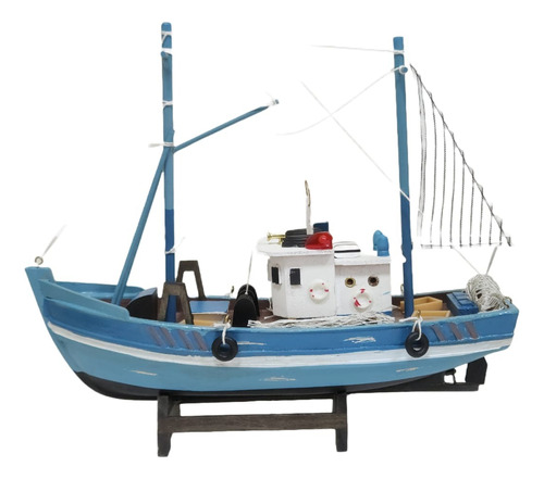 Barco Pesqueiro Decorativo Azul Claro - Em Madeira 30x26cm