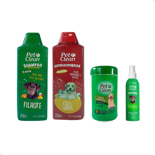 Kit Filhote Shampoo, Condicionador, Perfume, Lenço Pet Clean