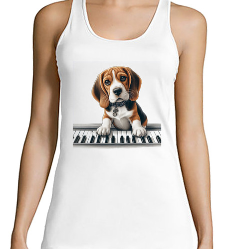 Musculosa Mujer Perro Beagle Tocando El Piano Dibujo M4