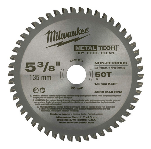 Disco Corte Metal No Ferroso 5-3/8 X 50 D Milwaukee 48404075