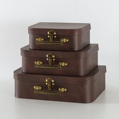 Maleta En Cartón Set De 3 Color Cuero Café Para Fiestas