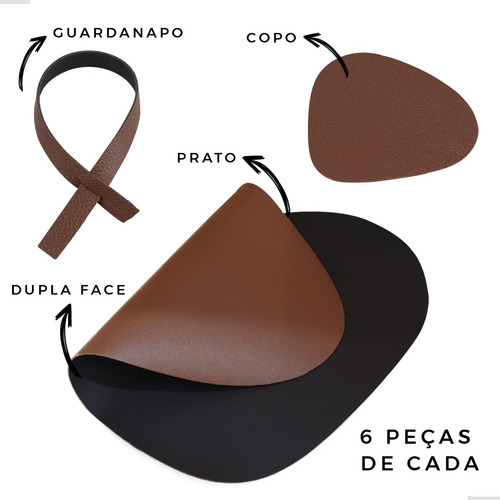 Kit 6 Peças Jogo De Mesa Americano Sousplat Mesa Posta Cor Preto/Marrom Lisa