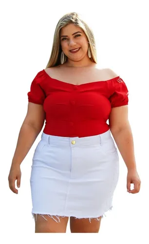 Saia Jeans Plus Size Branca Cintura Alta Desfiada Com Lycra