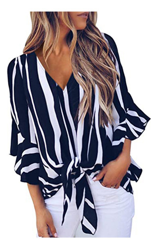 Blusa De Chifón A Rayas Con Cuello En V Y Estampado A La Mod