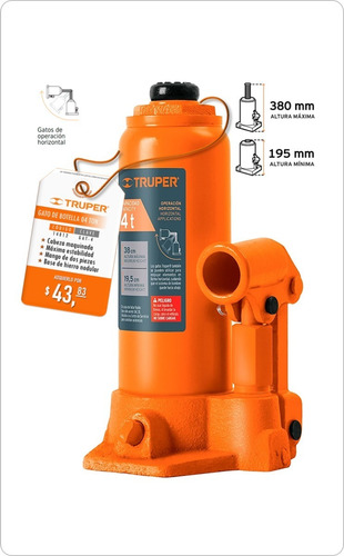 Imagen 1 de 3 de Gato Hidráulico De Botella De 04 Toneladas Truper 14812