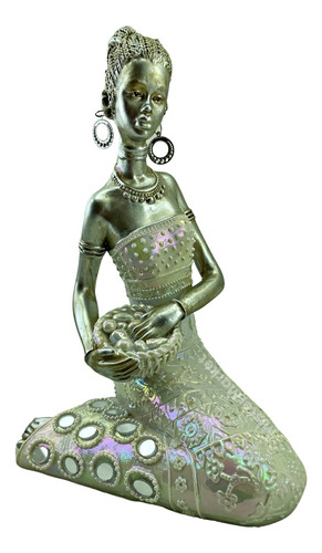 Figura Decorativa Africana Mujer 25cm Arrodillada Resina Zn