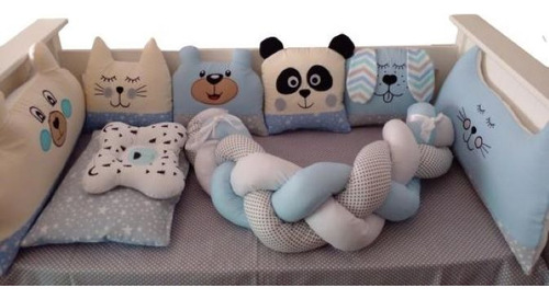 Chichoneras Para Cuna De Bebe Mas Trenza Acolchado Almohadas Cuna Feliz Chichoneras Celeste Blanco Gris