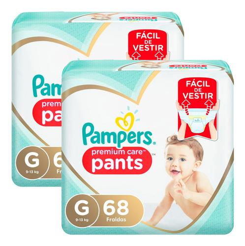 Kit 2 Fralda Pampers Pants Premium Care G 68 Unidades Cada