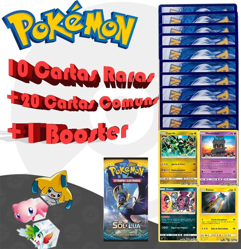 Kit Cartas Pokémon: 10 Raras + 20 Cartas Comuns + Boostes