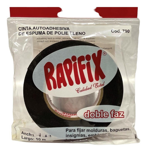 Cinta Doble Faz Para Molduras Insignias 12mm X 10m- Rapifix- Color Negro Liso