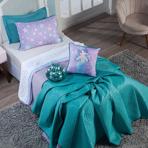 Kit Cama Cobreleito Sereia Tiffany Com Almofadas Casal 7 Pçs