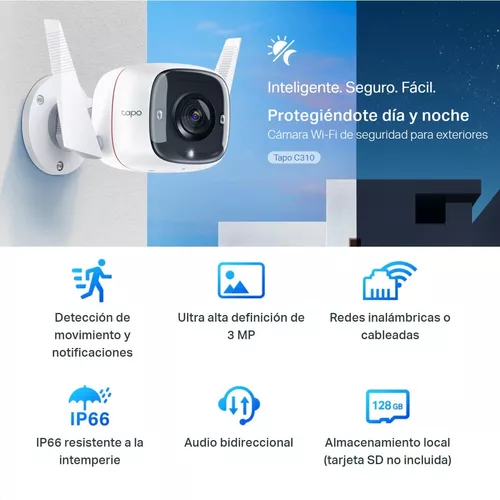 TP-LINK Tapo C310, cámara de seguridad Wi-Fi para exteriores, definición de  3MP, alarma de luz y sonido, visión nocturna, funciona con Alexa :  : Electrónicos