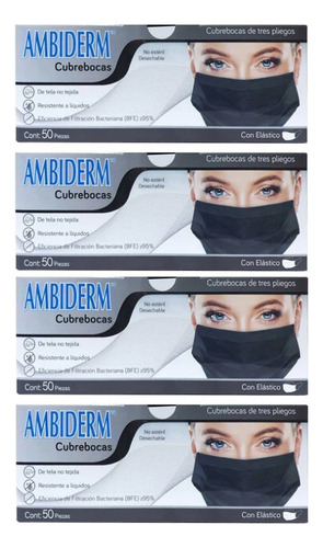 Cubrebocas Ambiderm Tricapa Plisado Color Negro 200 Pzs