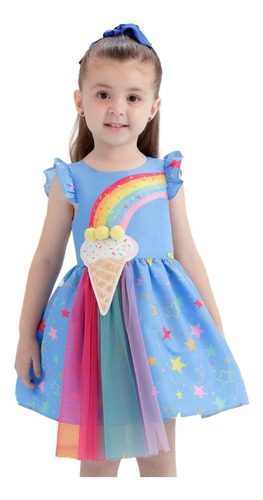 Vestido Infantil Mon Sucré Azul Arco Iris Happiness 21022