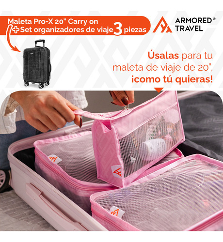 Maleta De Mano Carry-on 20 Cabina 10 Kg Pro-x Negro Dark Aleación Policarbonato Cierre Expandible Impresión Dual Candado Alta Seguridad Tsa Lock Con Set 3 Piezas Organizador Viaje Rosa Armored Travel
