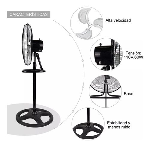 Ventilador 3 En 1 Pedestal Piso Pared 3 Velocidades 45 Cm 60 Hz Negro Plateado Metal 3