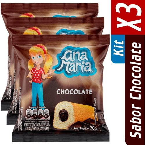 Kit Com 3 Pacotes De 70g Bolo Ana Maria Recheio De Chocolate