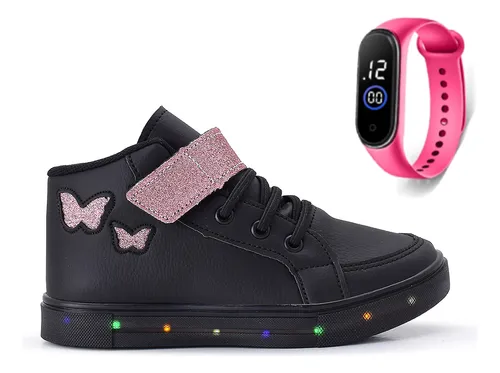 comprar Tenis Infantil De Led Meninas Botinha Borboleta + Relogio