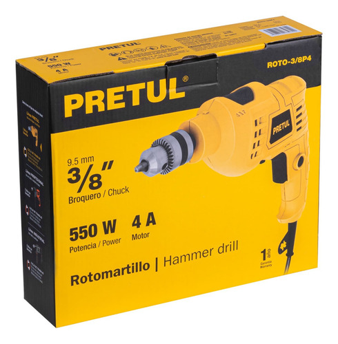 Taladro Rotomartillo 3/8 Pretul Roto-3/8p6 550w V. Variable Frecuencia 60 Hz Color Amarillo