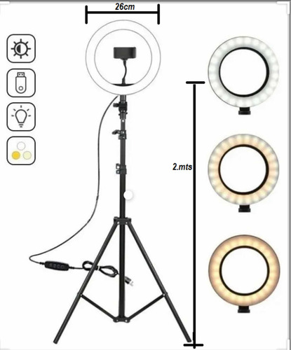 Aro De Luz Led Flash Selfie Anillo 26cm Tripoide Hasta 2mts