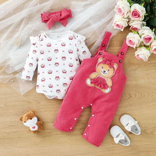 3 Pcs Conjunto Tierno Bebé Con Estampado De Osito Y Diadema Rosa 0-3 M