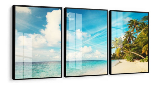 Kit 3 Quadros Decorativos Paisagem Praia Com Moldura E Vidro