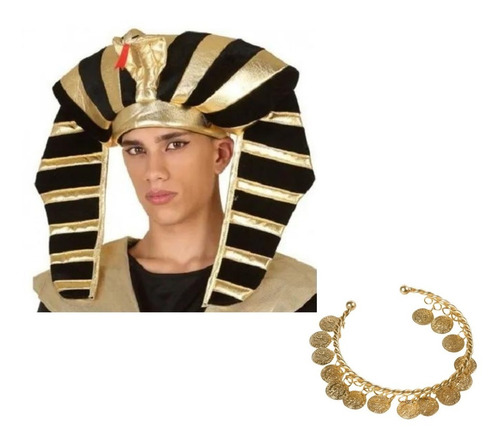 Combo Disfraz Egipcio Gorro Faraon Brazalete Dorado Egipto
