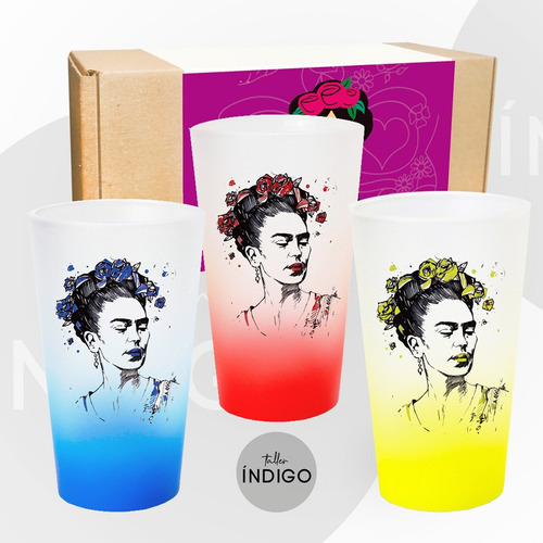 Set Vasos Cónicos Frida Kahlo Vidrio Opalizado  X 3 Unidades