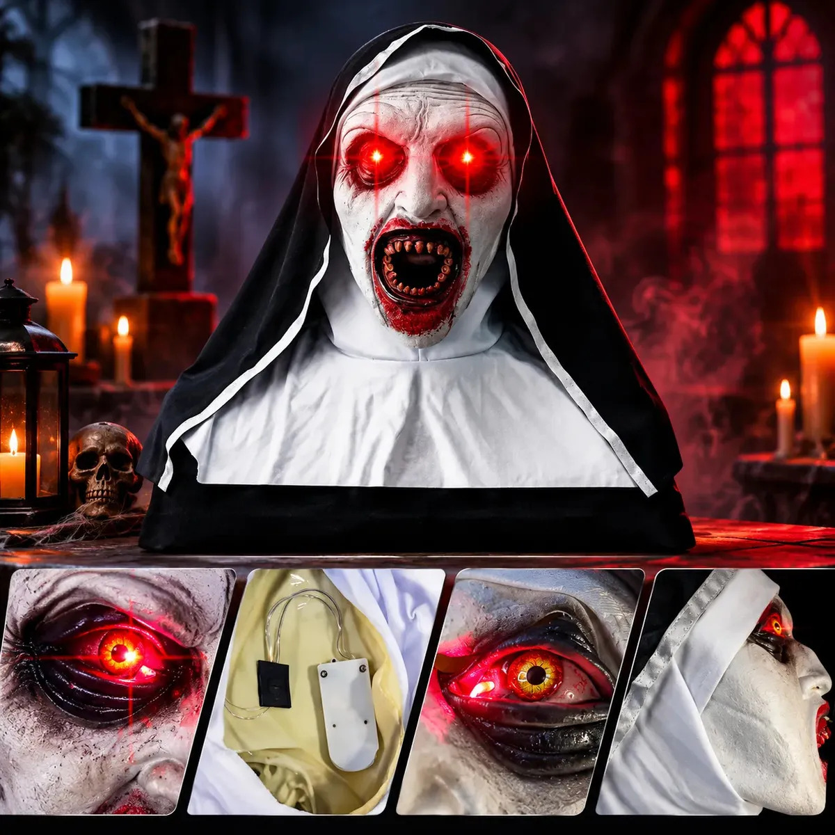 Máscara La Monja Látex Ojos Led Luz Led Terror Halloween Disfraz Cosplay Adulto Decoración Fiesta con Baterías